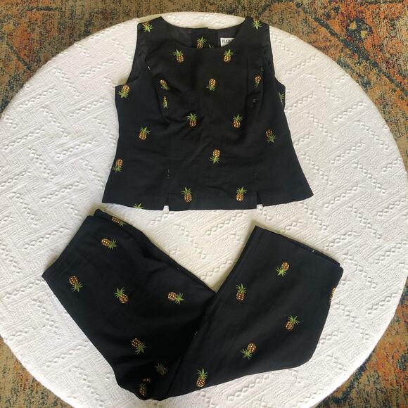 Y2K Plaza South Petite 10 Pineapple Embroidered Linen-Blend 2Pc Set Tank & Capri - Picture 1 of 14